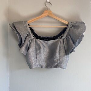 Fab’rik Silver Metallic Crop Top With Pleated Ruffle Sleeves Small